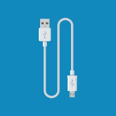 USB cable cord icon for web on blue backround. Computer peripherals connector or smartphone recharge supply