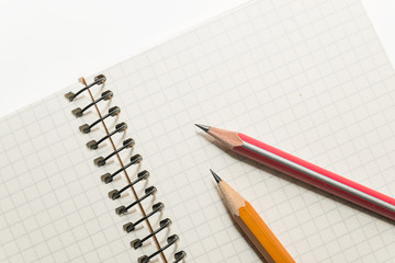 Pencils on the pages of an open notebook for records