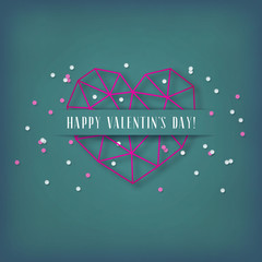 Naklejka premium Vector Valentine's day card with geometric pink heart made of triangles on green background.