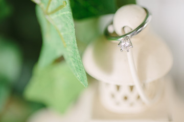 Closeup of white golden wedding ring with diamond, bride and groom