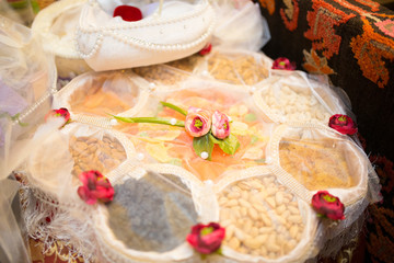 Sweets under abstract tulle cloth, shallow focus, sweets, gift, vertical