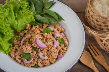 Spicy minced pork salad and sticky rice, Thai food