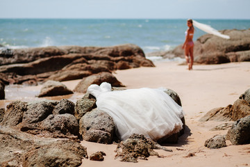 Fototapeta na wymiar bride travel beach resort in bikini swimsuit