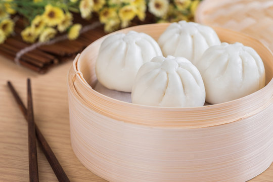 Steamed Buns In Bamboo Steamer Basket