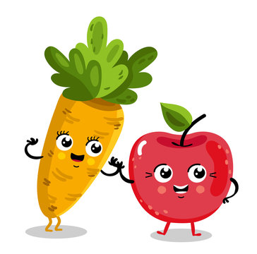 Cute Fruit And Vegetable Cartoon Characters Isolated On White Background Vector Illustration. Funny Cherry And Carrot Emoticon Face Icon Collection. Happy Smile Cartoon Face Food Emoji, Comical Fruit