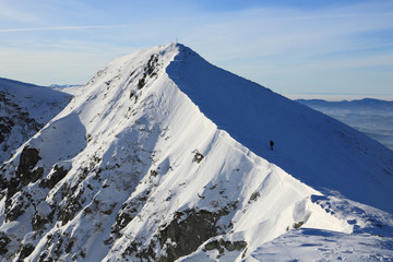 The climber climbs to the top of the mountain in the Carpathians