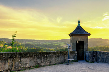 Fortress Rosenberg of a town in Kronach Bavaria Germany by sunset.