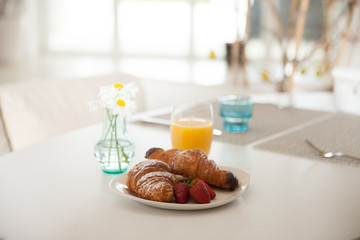 Setting of objects in the cafe, details, breakfast, juice