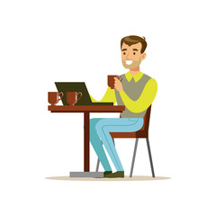 Fototapeta na wymiar Man Drinking His Third Cup Of Coffee In The Coffee Shop While Video Chatting On His Lap Top Vector Illustration