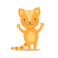 Little Girly Cute Red Kitten Stansing, Cartoon Pet Character Life Situation Illustration