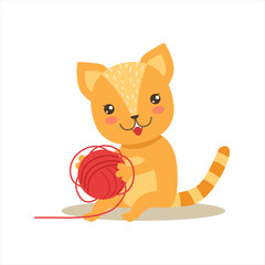 Red Little Girly Cute Kitten Playing With Clew Ball, Cartoon Pet Character Life Situation Illustration