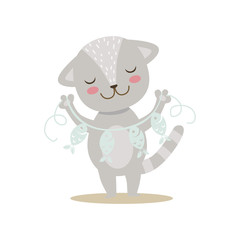 Grey Little Girly Cute Kitten With Paper Garland On String, Cartoon Pet Character Life Situation Illustration