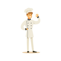 Man Professional Cooking Chef Working In Restaurant Wearing Classic Traditional Uniform Showing OK Gesture Cartoon Character