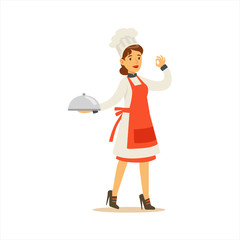 Woman Professional Cooking Chef Working In Restaurant Wearing Classic Traditional Uniform Showing OK Gesture Cartoon Character