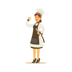 Woman Professional Cooking Chef Working In Restaurant Wearing Classic Traditional Uniform With Black Apron Cartoon Character