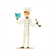 Man Professional Cooking Chef Working In Restaurant Wearing Classic Traditional Uniform With Recipe Book And Ladle Cartoon Character