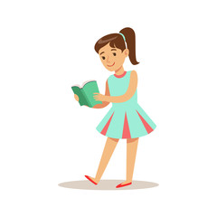 GirlIn Blue Dress Who Loves To Read, Illustration With Kid Enjoying Reading An Open Book