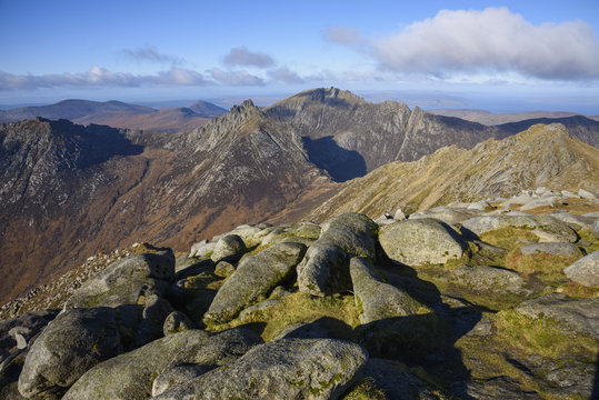 View of the Northern Mountains from the top of Goatfell, Isle of Arran, North Ayrshire, Scotland