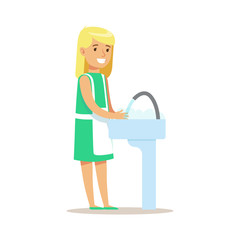 Girl Washing Dishes Smiling Cartoon Kid Character Helping With Housekeeping And Doing House Cleanup