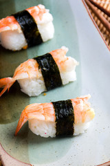 japanese food call nigiri sushi made from sweet shrimp seaweed