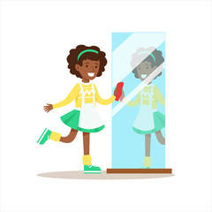 Fototapeta premium Girl Polishing The Mirror Smiling Cartoon Kid Character Helping With Housekeeping And Doing House Cleanup