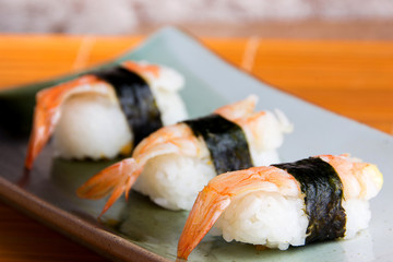 japanese food call nigiri sushi made from sweet shrimp seaweed