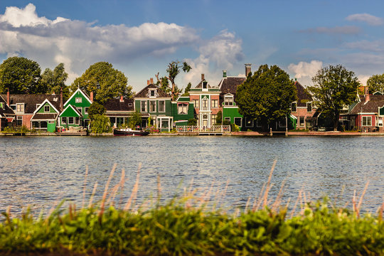 Row of old traditional dutch  houses in Zaanse Schans in Netherl