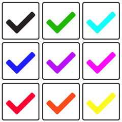 check tick point done task vote answer choice mark in square box in nine different colors vector simple icon
