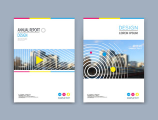 A4 brochure cover design. Abstract round, triangle parts. Art text frame surface. Urban city view title sheet model. Creative vector front page. Ad banner form texture. House figure icon. Flyer fiber