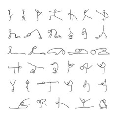 Cartoon icons set of sketch little people stick figures doing yoga