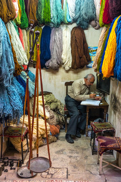 Carpet wool dealer, Old Bazaar, Kashan, Iran