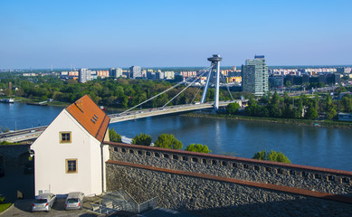 Castle fortification and New bridge over Danube river in Bratislava,Slovakia