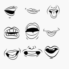 vector illustration of lips with a facial expression of a black contour