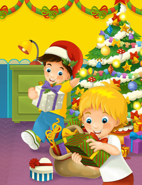 The happy christmas scene with brothers taking presents - illustration for children