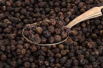 Black Pepper, Whole on Old  Brass Spoon