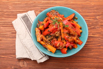 fried vegetables, carrots, peppers, onions, garlic