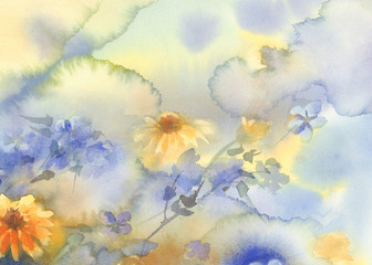 yellow blue summer flowers watercolor