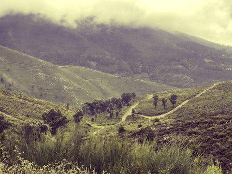 Fototapeta Nature Northern Portugal fields and mountains in fog. Atmospheric Photo