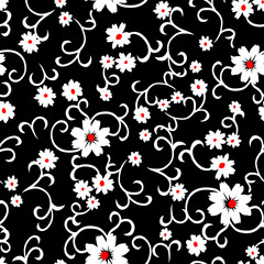 Tiny flowers seamless pattern, vector, red , white and black