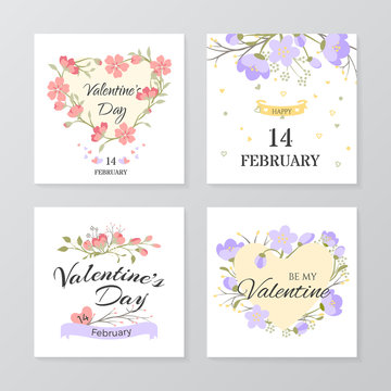 Vector set of templates greeting cards for Valentine's day with flowers and hearts.