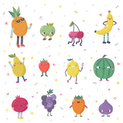 Cute cartoon cute fruits vector set. Funny characters.