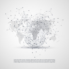 Cloud Computing and Networks Concept with World Map - Global Digital Network Connections, Technology Background, Creative Design Template with Transparent Geometric Grey Wire Mesh 