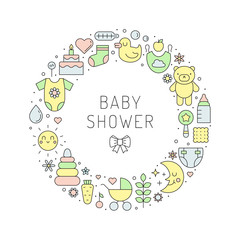 Baby shower (girl & boy) cute outline vector circle illustration