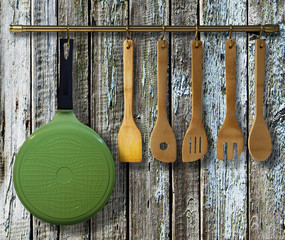 Kitchen brass utensils, chef accessories.