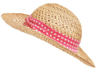 Open weave straw hat with pink polka dot band and curved brim