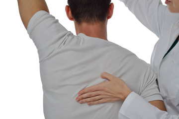 Chiropractic, osteopathy, dorsal manipulation. Therapist doing healing treatment on man's back ....