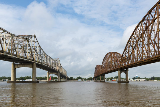 Fototapeta Two bridges crossing over the Atchafalaya River in Morgan City, Louisiana, USA