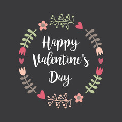 Happy Valentines Day Hand Drawing Vector Lettering design. Set of floral frame Typographic on Chalkboard background with ornaments, Hearts, Ribbon and Arrow.