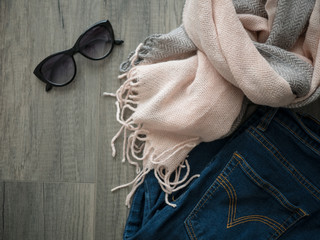 Flat lay of winter cloth with copy space