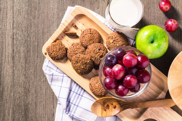 breakfast with cookie mixed fresh fruits for healthy eating and